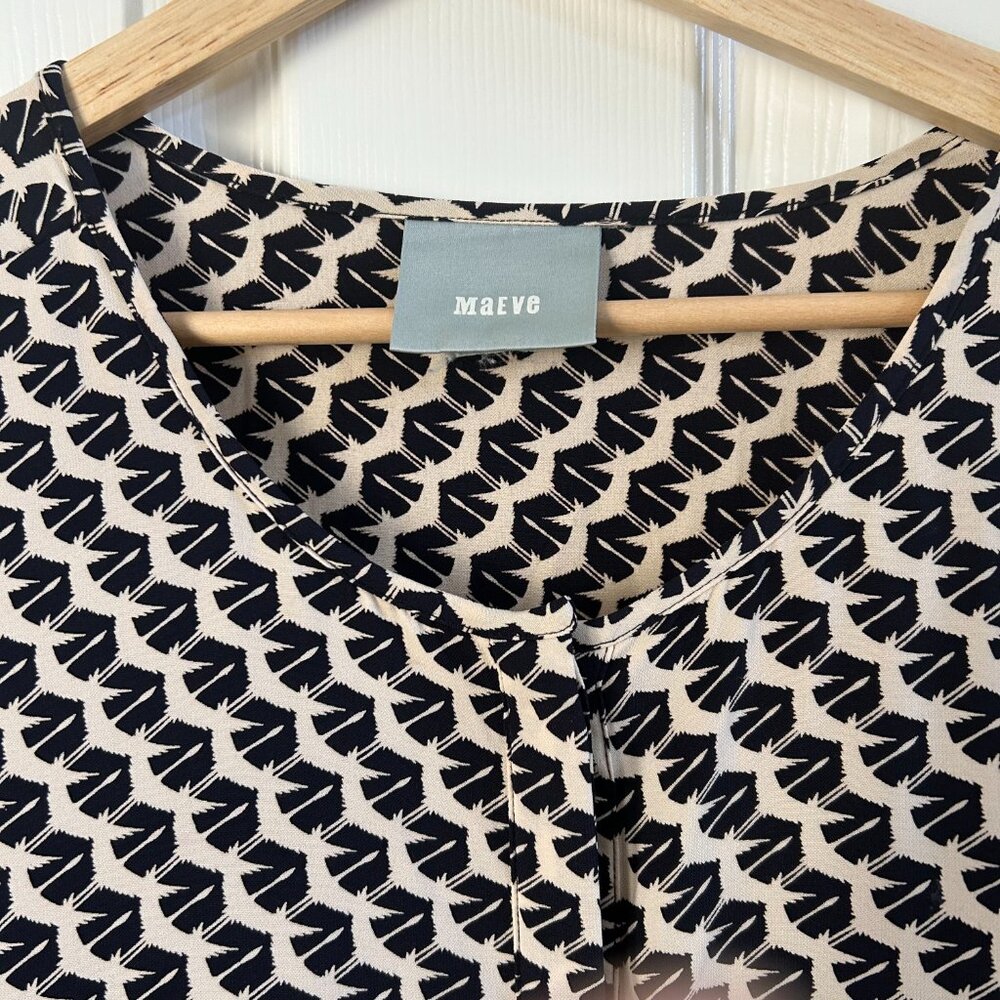 Maeve Anthropologie Bird Print Blouse Black Cream Tunic Button Front Pleated - Picture 7 of 7